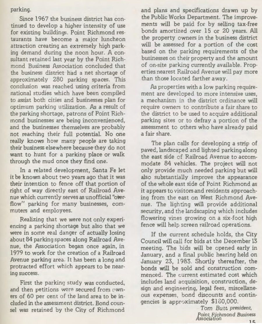Newsletter page: 280-space shortage, 84 spaces, 60 percent petitions, bonds, assessment, plan for 84 vehicles, hearing Jan. 23, 1983