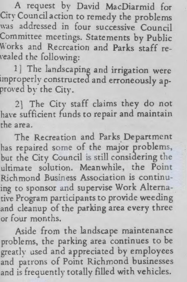 Newsletter excerpt: landscaping improperly constructed and approved by the City, Business Association Work Alternative Program cleanup, parking area frequently totally filled